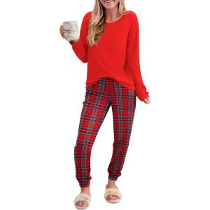 Ekouaer Pajama Sets for Women 2 Piece Plaid Pjs Long Sleeve Lounge Sets Comfy Gingham Nightwear with Pockets(Red Plaid)