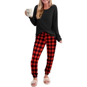 Ekouaer Pajama Sets for Women 2 Piece Plaid Pjs Long Sleeve Lounge Sets Comfy Gingham Nightwear with Pockets(Red and Black Plaid)