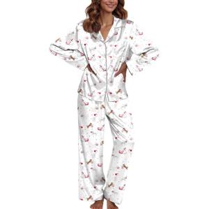 Ekouaer Pajamas For Women Set Silk Pjs 2 Piece Satin Sleepwear Long Sleeve Button Down Lounge Sets With Pant(1-white Heart)