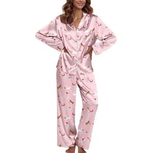 Ekouaer Pajamas For Women Set Silk Pjs 2 Piece Satin Sleepwear Long Sleeve Button Down Lounge Sets With Pant(2-pink Heart)