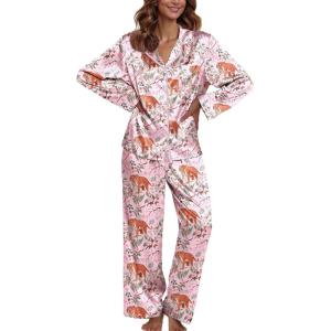 Ekouaer Pajamas For Women Set Silk Pjs 2 Piece Satin Sleepwear Long Sleeve Button Down Lounge Sets With Pant(Pink With Tiger)