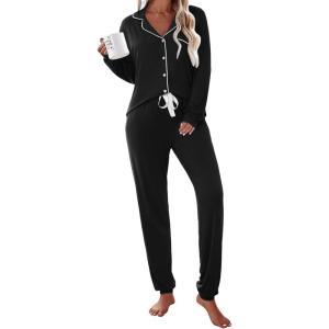 Ekouaer Pajamas Set Long Sleeve Sleepwear Womens Button Down Nightwear Soft Pj Loungewear with Pockets(Black)