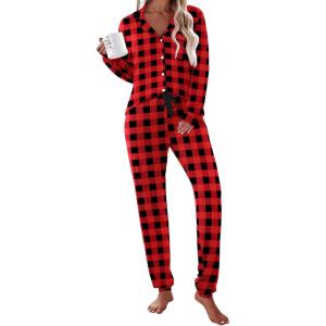 Ekouaer Pajamas Set Long Sleeve Sleepwear Womens Button Down Nightwear Soft Pj Loungewear with Pockets(Black and Red Plaid)