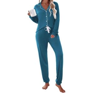 Ekouaer Pajamas Set Long Sleeve Sleepwear Womens Button Down Nightwear Soft Pj Loungewear with Pockets(Blue Green)
