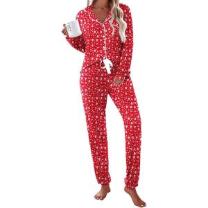 Ekouaer Pajamas Set Long Sleeve Sleepwear Womens Button Down Nightwear Soft Pj Loungewear with Pockets(Christmas)