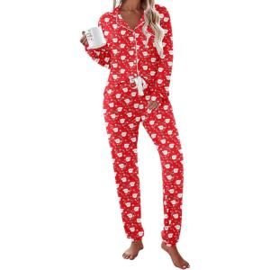 Ekouaer Pajamas Set Long Sleeve Sleepwear Womens Button Down Nightwear Soft Pj Loungewear with Pockets(Christmas Red With Santa Pattern)