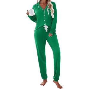 Ekouaer Pajamas Set Long Sleeve Sleepwear Womens Button Down Nightwear Soft Pj Loungewear with Pockets(Green)
