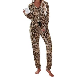 Ekouaer Pajamas Set Long Sleeve Sleepwear Womens Button Down Nightwear Soft Pj Loungewear with Pockets(Leopard)