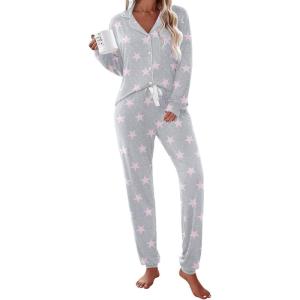 Ekouaer Pajamas Set Long Sleeve Sleepwear Womens Button Down Nightwear Soft Pj Loungewear with Pockets(Light Gray With Pink Stars)