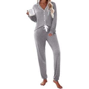 Ekouaer Pajamas Set Long Sleeve Sleepwear Womens Button Down Nightwear Soft Pj Loungewear with Pockets(Light Grey)