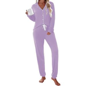 Ekouaer Pajamas Set Long Sleeve Sleepwear Womens Button Down Nightwear Soft Pj Loungewear with Pockets(Lilac)