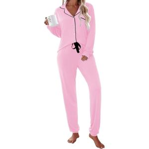 Ekouaer Pajamas Set Long Sleeve Sleepwear Womens Button Down Nightwear Soft Pj Loungewear with Pockets(Pink)