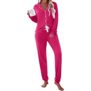 Ekouaer Pajamas Set Long Sleeve Sleepwear Womens Button Down Nightwear Soft Pj Loungewear with Pockets(Rose)