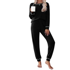 Ekouaer Pajamas Set for Women Soft Comfy Pjs Sets Long Sleeve Sleepwear Loungewear S-XXL(Black)