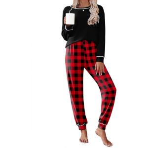 Ekouaer Pajamas Set for Women Soft Comfy Pjs Sets Long Sleeve Sleepwear Loungewear S-XXL(Black Plaid)