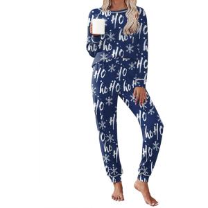 Ekouaer Pajamas Set for Women Soft Comfy Pjs Sets Long Sleeve Sleepwear Loungewear S-XXL(Christmas Navy With Snowflakes)