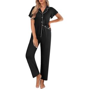 Ekouaer Pajamas for Women Set Button Up Sleepwear Cute Pjs Ruffle Sleeve Notch Collar Loungewear with Long Pants S-XXL(Black)