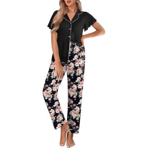 Ekouaer Pajamas for Women Set Button Up Sleepwear Cute Pjs Ruffle Sleeve Notch Collar Loungewear with Long Pants S-XXL(Black Floral)