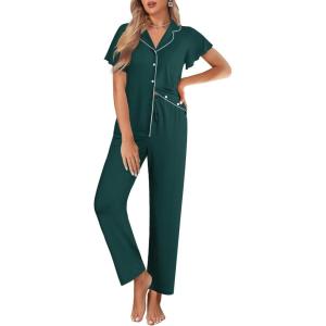 Ekouaer Pajamas for Women Set Button Up Sleepwear Cute Pjs Ruffle Sleeve Notch Collar Loungewear with Long Pants S-XXL(Emerald Green)