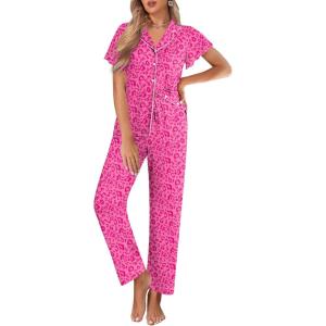 Ekouaer Pajamas for Women Set Button Up Sleepwear Cute Pjs Ruffle Sleeve Notch Collar Loungewear with Long Pants S-XXL(Hot Pink Cheetah)