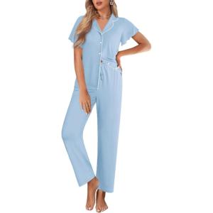 Ekouaer Pajamas for Women Set Button Up Sleepwear Cute Pjs Ruffle Sleeve Notch Collar Loungewear with Long Pants S-XXL(Light Blue)