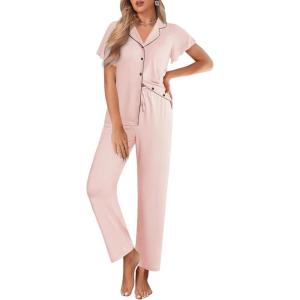 Ekouaer Pajamas for Women Set Button Up Sleepwear Cute Pjs Ruffle Sleeve Notch Collar Loungewear with Long Pants S-XXL(Light Pink)