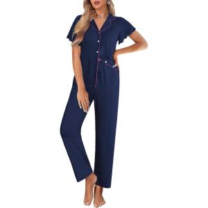 Ekouaer Pajamas for Women Set Button Up Sleepwear Cute Pjs Ruffle Sleeve Notch Collar Loungewear with Long Pants S-XXL(Navy Blue)