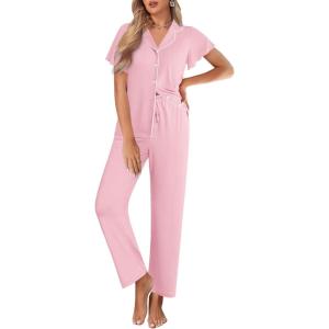 Ekouaer Pajamas for Women Set Button Up Sleepwear Cute Pjs Ruffle Sleeve Notch Collar Loungewear with Long Pants S-XXL(Pink)