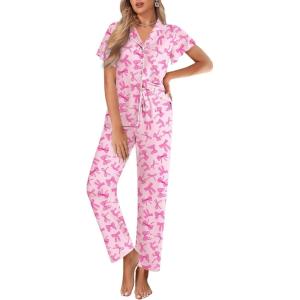 Ekouaer Pajamas for Women Set Button Up Sleepwear Cute Pjs Ruffle Sleeve Notch Collar Loungewear with Long Pants S-XXL(Pink Bow Tie)
