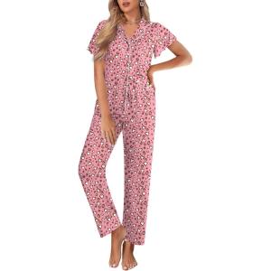Ekouaer Pajamas for Women Set Button Up Sleepwear Cute Pjs Ruffle Sleeve Notch Collar Loungewear with Long Pants S-XXL(Pink Leopard Love)