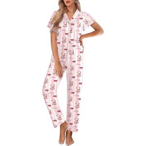 Ekouaer Pajamas for Women Set Button Up Sleepwear Cute Pjs Ruffle Sleeve Notch Collar Loungewear with Long Pants S-XXL(Pink Striped Bow Teddy)