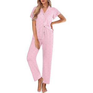 Ekouaer Pajamas for Women Set Button Up Sleepwear Cute Pjs Ruffle Sleeve Notch Collar Loungewear with Long Pants S-XXL(Pink Striped Love)