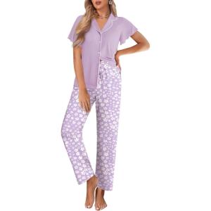 Ekouaer Pajamas for Women Set Button Up Sleepwear Cute Pjs Ruffle Sleeve Notch Collar Loungewear with Long Pants S-XXL(Purple Flower)