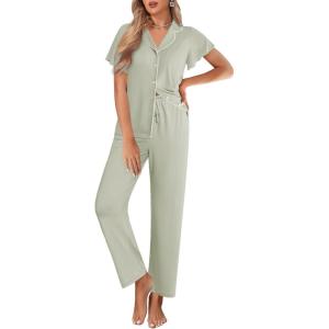 Ekouaer Pajamas for Women Set Button Up Sleepwear Cute Pjs Ruffle Sleeve Notch Collar Loungewear with Long Pants S-XXL(Sage Green)