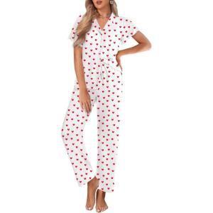 Ekouaer Pajamas for Women Set Button Up Sleepwear Cute Pjs Ruffle Sleeve Notch Collar Loungewear with Long Pants S-XXL(White Love)