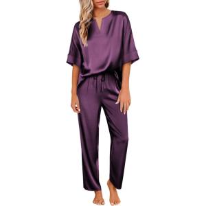 Ekouaer Satin Pajama Set Womens Silk Short Sleeve V Neck Shirt with Long Pant Soft Loungewear Pjs Set(Deep Purple)