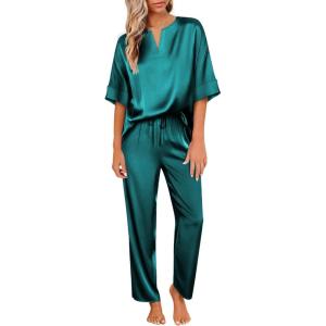 Ekouaer Satin Pajama Set Womens Silk Short Sleeve V Neck Shirt with Long Pant Soft Loungewear Pjs Set(Green)