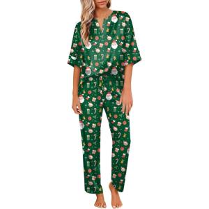Ekouaer Satin Pajama Set Womens Silk Short Sleeve V Neck Shirt with Long Pant Soft Loungewear Pjs Set(Green Christmas)