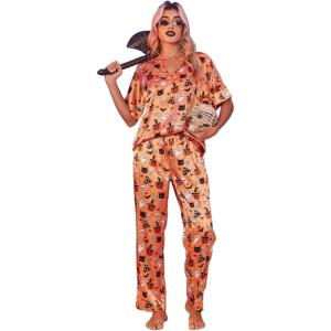 Ekouaer Satin Pajama Set Womens Silk Short Sleeve V Neck Shirt with Long Pant Soft Loungewear Pjs Set(Halloween Orange)