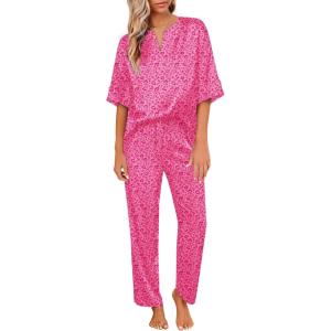 Ekouaer Satin Pajama Set Womens Silk Short Sleeve V Neck Shirt with Long Pant Soft Loungewear Pjs Set(Pink Leopard)