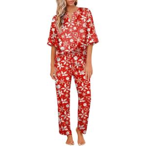 Ekouaer Satin Pajama Set Womens Silk Short Sleeve V Neck Shirt with Long Pant Soft Loungewear Pjs Set(Red Christmas)