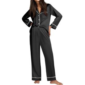 Ekouaer Satin Pajama Set for Women Silky Sleepwear Long Sleeve Top and Pants Button Down Pjs Lounge Set(Black)