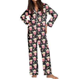 Ekouaer Satin Pajama Set for Women Silky Sleepwear Long Sleeve Top and Pants Button Down Pjs Lounge Set(Black Popcorn)