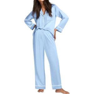 Ekouaer Satin Pajama Set for Women Silky Sleepwear Long Sleeve Top and Pants Button Down Pjs Lounge Set(Clear Blue)