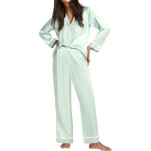 Ekouaer Satin Pajama Set for Women Silky Sleepwear Long Sleeve Top and Pants Button Down Pjs Lounge Set(Light Green)