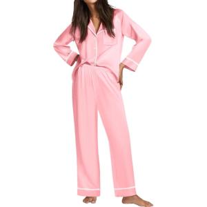 Ekouaer Satin Pajama Set for Women Silky Sleepwear Long Sleeve Top and Pants Button Down Pjs Lounge Set(Pink)