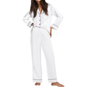 Ekouaer Satin Pajama Set for Women Silky Sleepwear Long Sleeve Top and Pants Button Down Pjs Lounge Set(White)