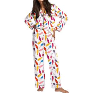Ekouaer Satin Pajama Set for Women Silky Sleepwear Long Sleeve Top and Pants Button Down Pjs Lounge Set(White Bottles)