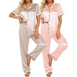 Ekouaer Satin Pajamas Set Women Short Sleeve Sleepwear Soft Button Down Loungewear Pjs Set(Champagne/Pink)