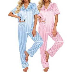 Ekouaer Satin Pajamas Set Women Short Sleeve Sleepwear Soft Button Down Loungewear Pjs Set(Striped Pink/Striped Blue)